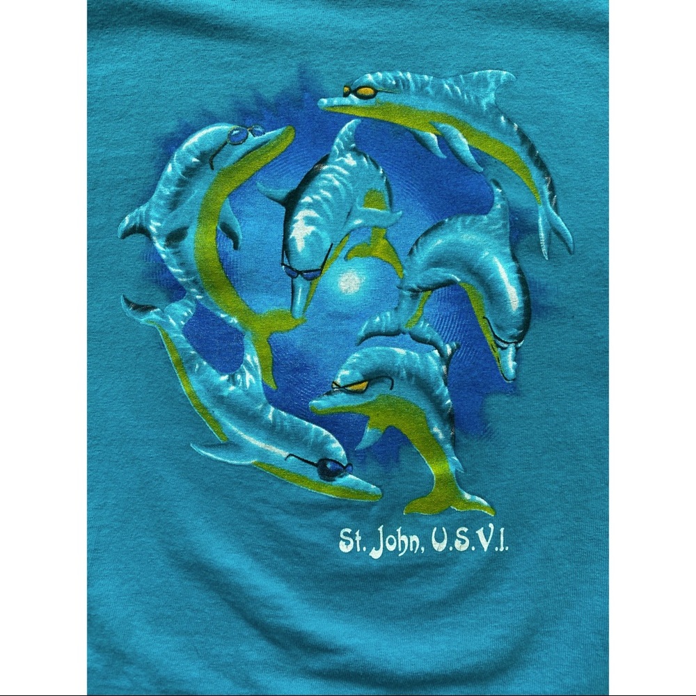 Vintage St. John USVI Virgin Islands T-Shirt Turquoise with Dolphins